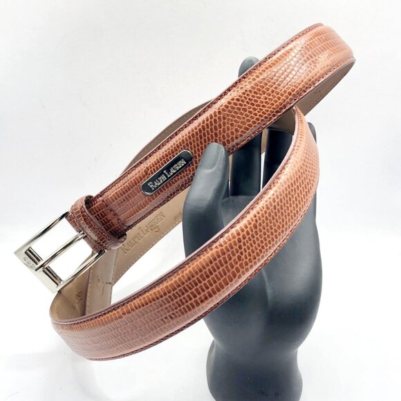 Ralph Lauren RL Crown 67 Brown Reptile Embossed Genuine Leather Belt Size M - Picture 1 of 14